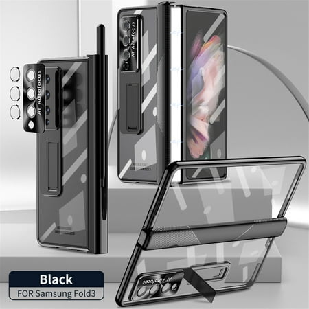 Allytech for Samsung Galaxy Z Fold 3 Case with S Pen & S Pen Holder & Screen Protector & Camera Lens Protector & Hinge Protection,Shockproof Rugged Full Body Protective Clear Plating Cover Case,Black