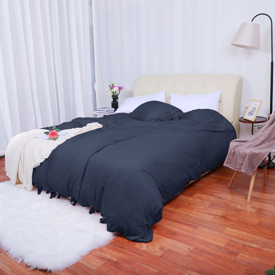 Washed Cotton Bedding Comforter Duvet Cover Pillowcase Set Navy Blue