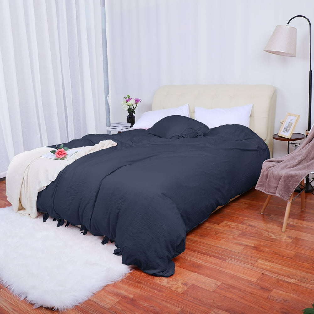 Washed Cotton Duvet Cover Pillowcase Bedding Set Navy Blue, Twin