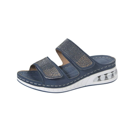 CHOII Promotion! Women s Solid Color Elevated Air Cushion Wedge Casual Beach Shoes Velcro Thong Sandals for Ladies Anti-slip Sole Slide Slipper for Girl Women s Orthopedic Sandals Dark Blue/6.5