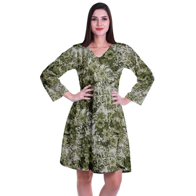 Moomaya Robe Courte Évasée Imprimée de Designer, Manches Longues, Tunique en Velours, Robes pour Femmes