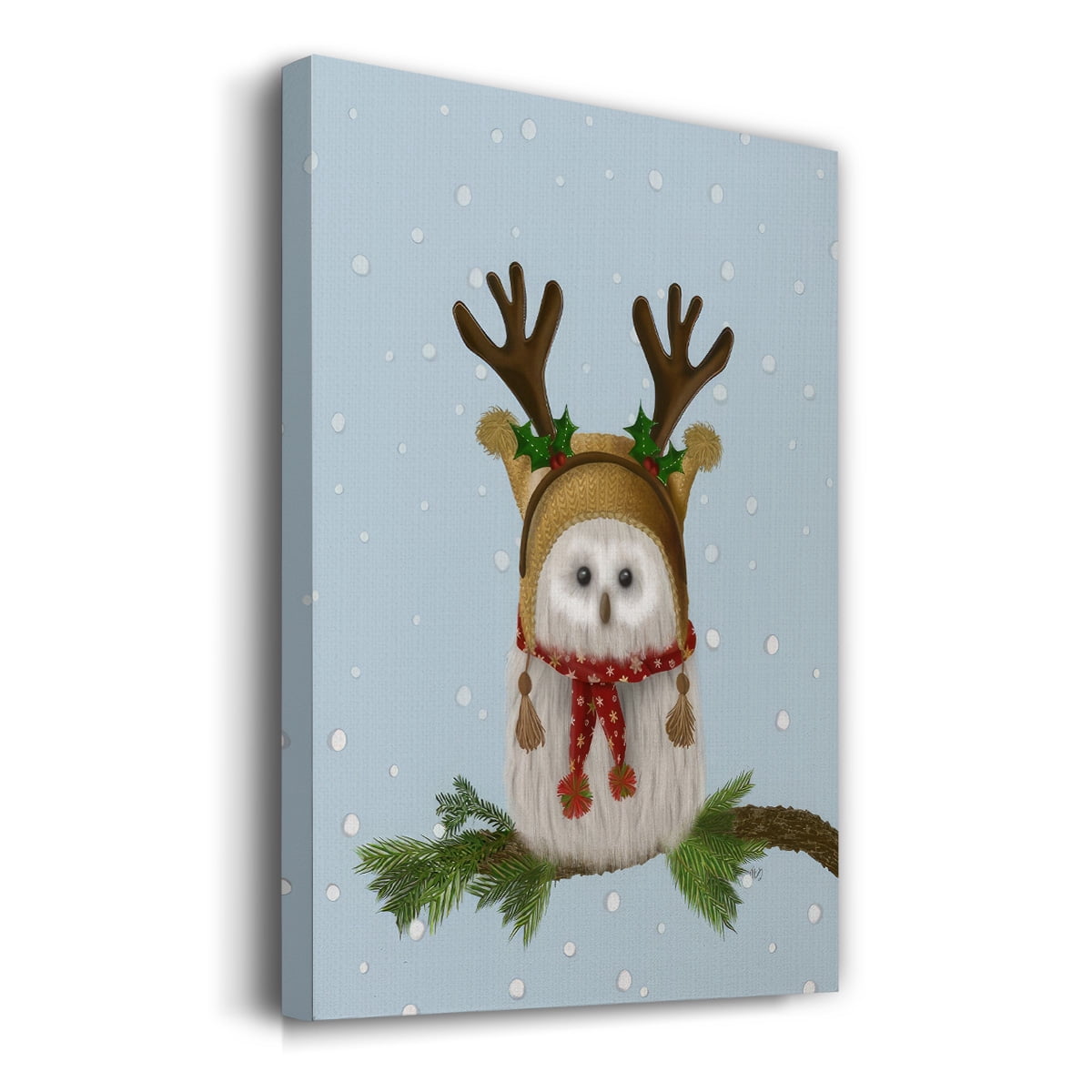 Christmas Fluffy Owl and Antlers- Gallery Wrapped Canvas