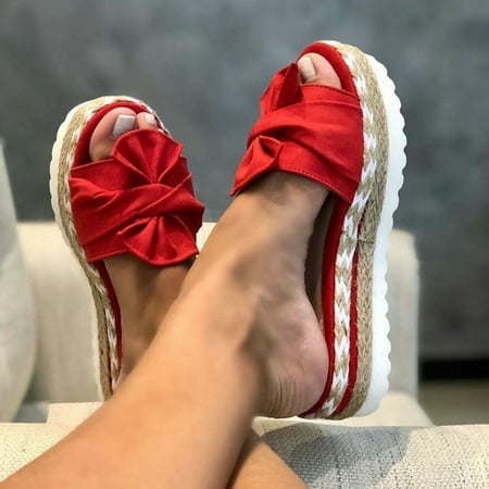

Dpityserensio Women Bowknot Beach Summer Slippers Platform Slope Heels Plus Size Shoes Red 8(39)