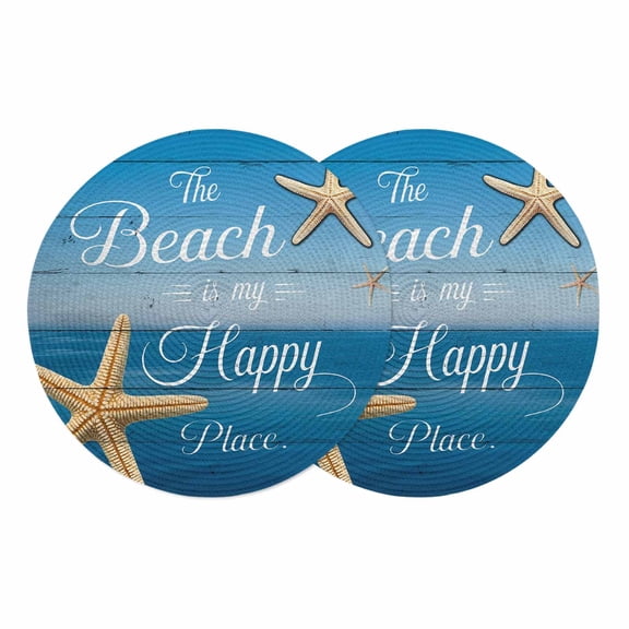 Coastal Starfish Round 13 Inch Placemats Set of 2, Nautical Marine Life Blue Wooden Grain HeatResistant Non Slip Place Mats for Dining Table, Wipeable Braided Kitchen Table Mats for Housewarming