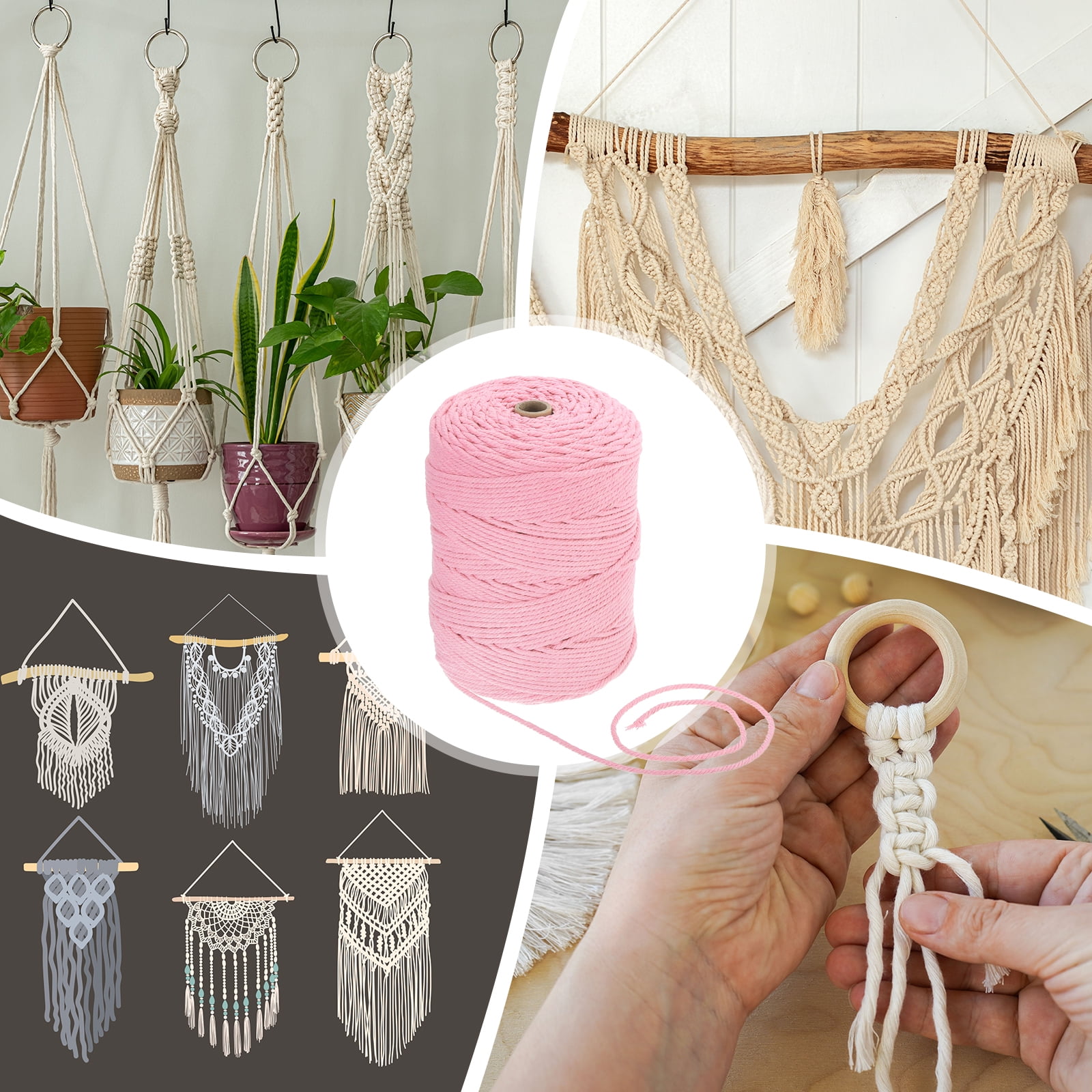 Uxcell Natural Macrame Cord 3mm x 328 Yards 4 Strand Twisted Cotton Macrame Rope for DIY Knitting Plant Wall Hanger Dreamcatcher, Light Pink