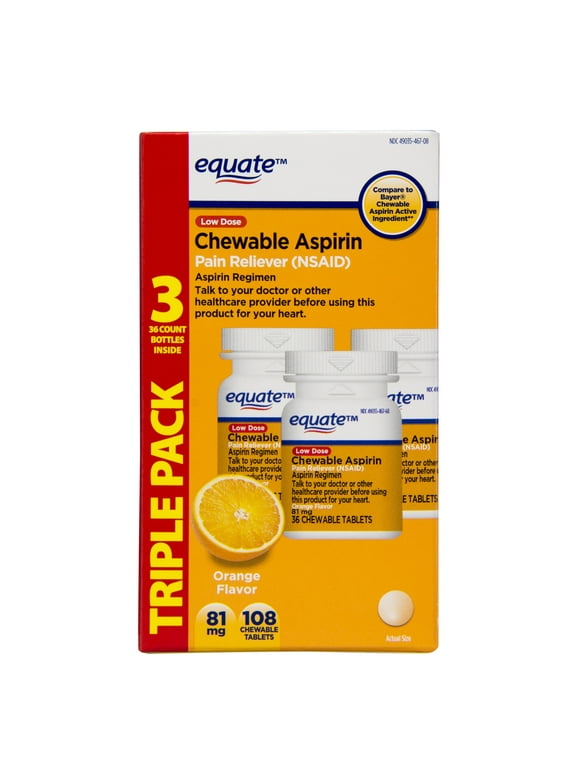Equate Low Dose Chewable Aspirin 81 mg Tablets, Orange Flavor, 3x 36 Count