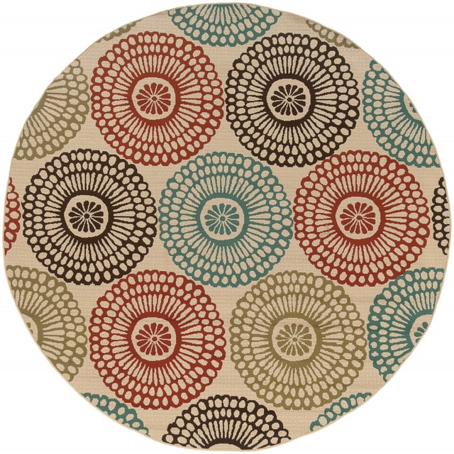 homeroots home decor 388694 Tapis d'Intérieur et d'Extérieur Rond de 8 Pieds à Médaillon Beige et Bleu