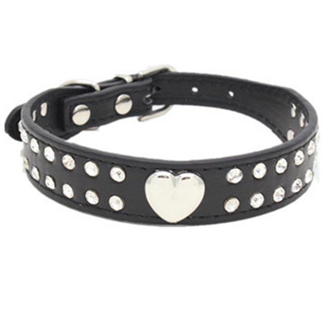 Collar de perro de cuero con remache de corazón brillante de diamantes de imitación de 2 filas para tamaño pequeño