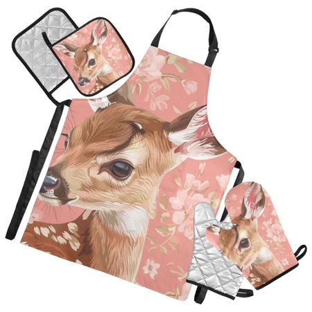 Sika Deer with Flowers 5 Pcs Kitchen Set Heat Resistant Oven Mitts and Non-Slip Pot Holders with Adjustable Cooking Apron