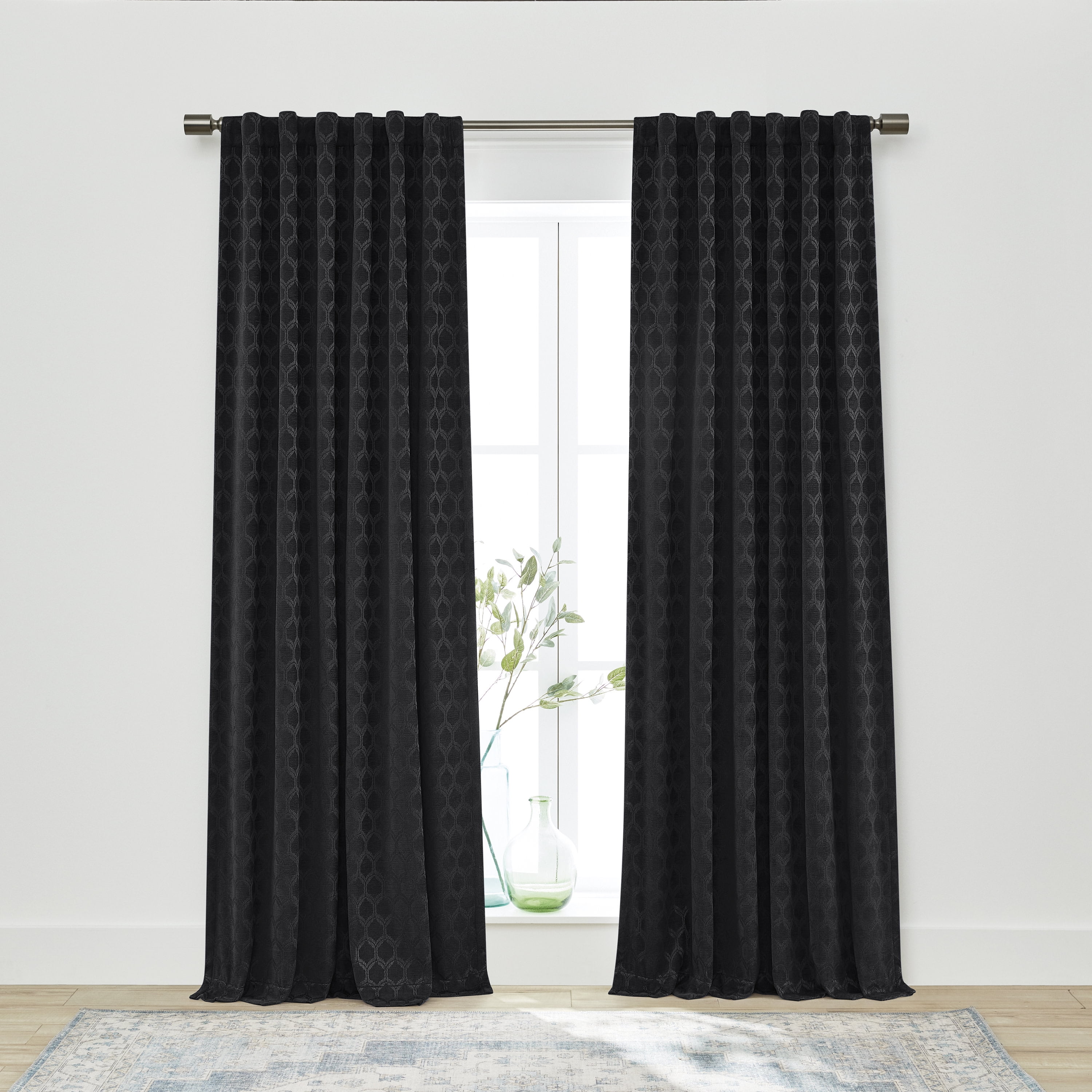 (2 pack) Better Homes & Gardens Jacquard Velvet Blackout Curtain Rod Pocket/Back Tab Indoor Single Panel, Rich Black, 50" W x 84" L, Adult
