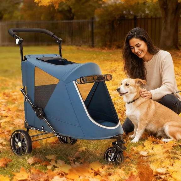 Pet Stroller for Medium Dogs w/Adjustable Handle, 3-Wheel Dog Cat Wagon w/Dual Entry, Rear Storage, Breathable Mesh, One-Foot Brake, Ideal for Large Pets up to 55 lbs, Navy Blue