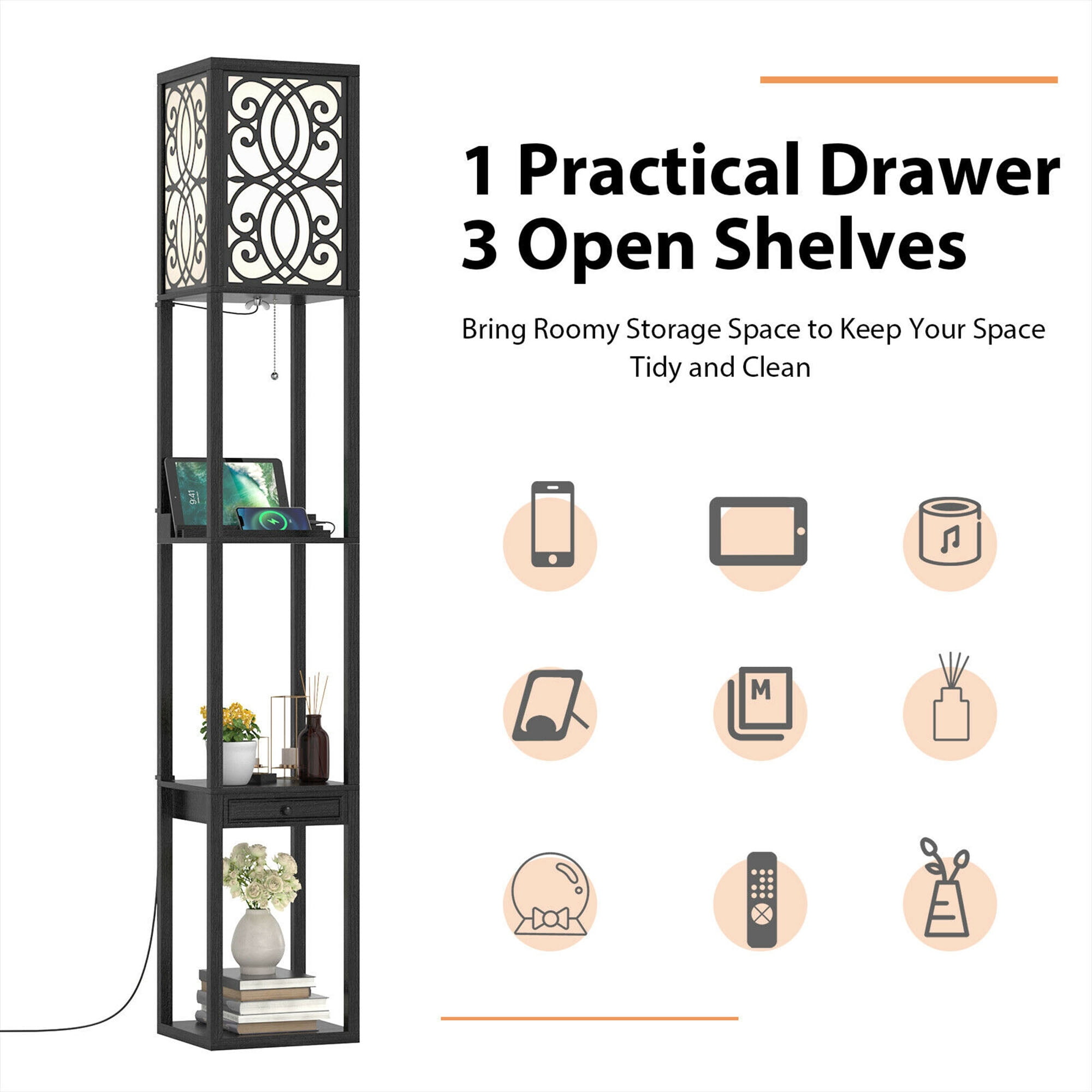 Gymax Modern Standing Shelf Floor Lamp w/ 1 Power Outlet and 2 USB Ports for Living Room