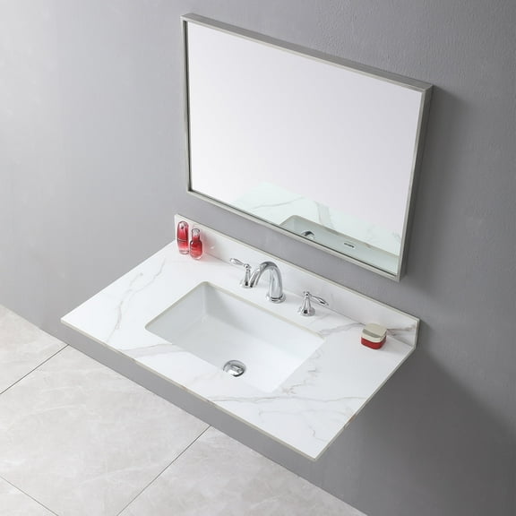 Montary 37inch Bathroom Vanity Top Sintered Stone Carrara Gold Tops with Rectangle Undermount Ceramic Sink and 3 Faucet Hole for Bathroom Cabinet
