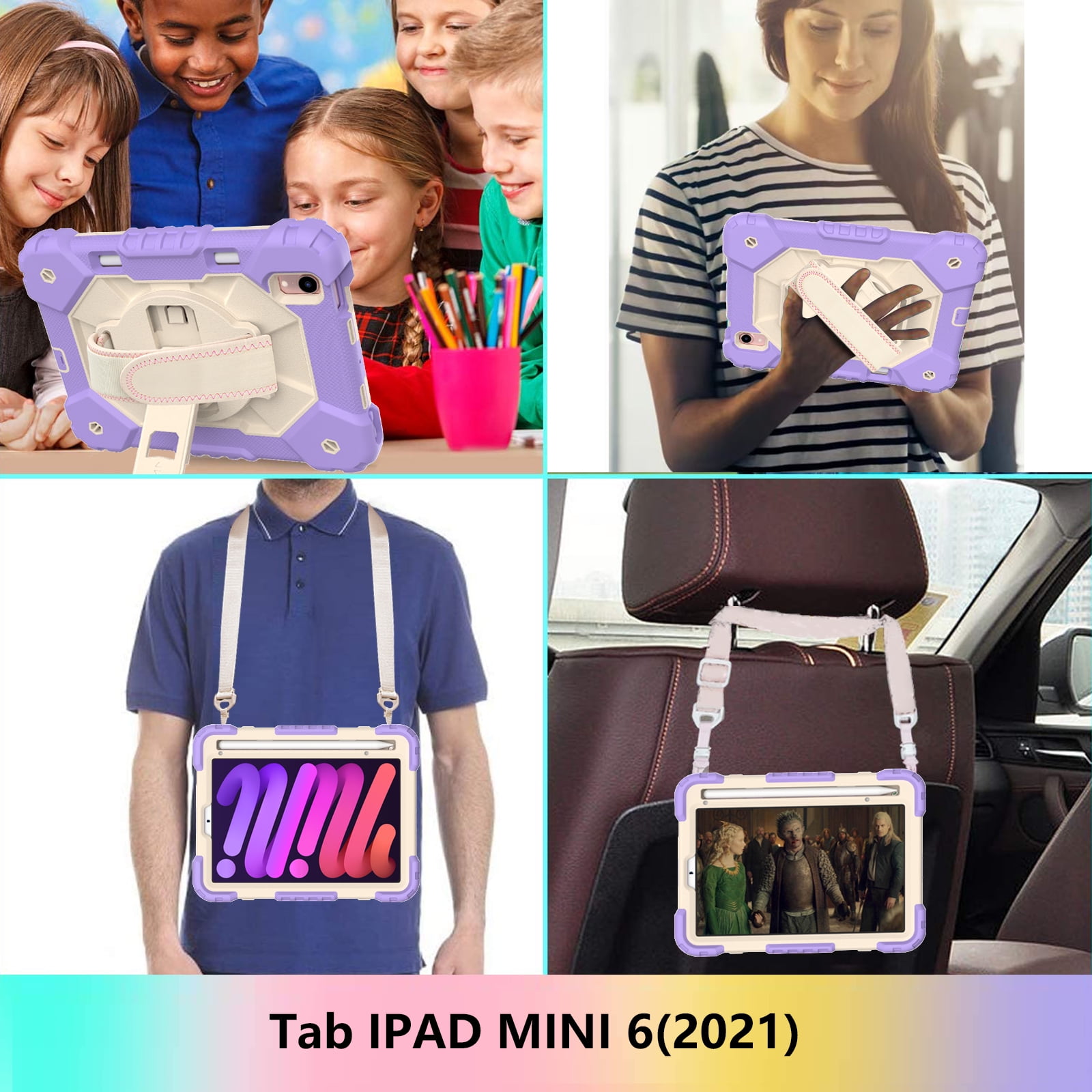 Case for iPad Mini 6 2021 8.3-inch, Kids Shockproof Rugged Hybrid 360 Rotating Stand Cover with Hand Shoulder Strap/Pencil Holder