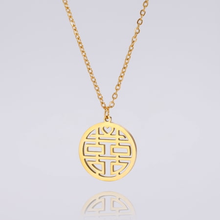 TEAMER Traditional Chinese Double Happiness Love Pendant Necklace Gold Steel for Lovers