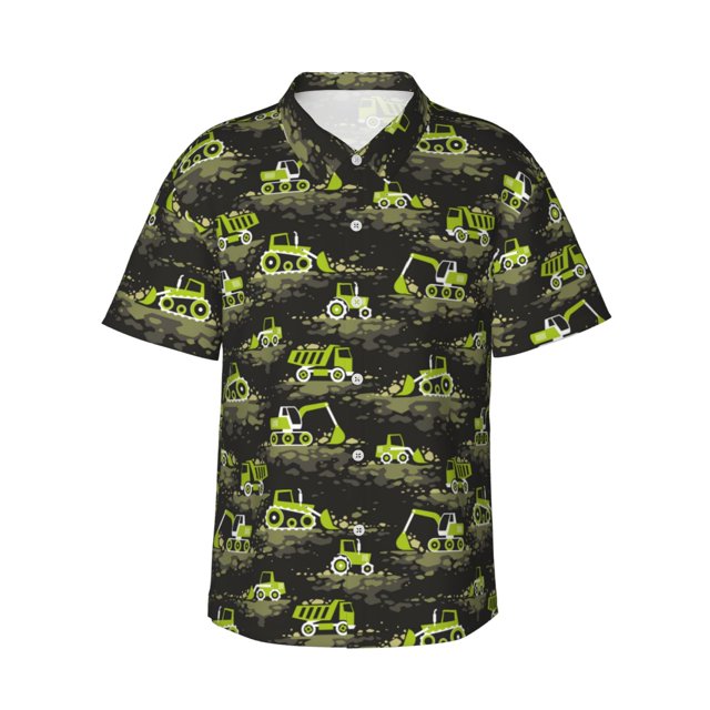Fotbe Light Green Excavator Camisa Hawaiana para Hombre Unisex – Camisa Casual de Verano con Botones de Manga Corta de Algodón y Lino,Small