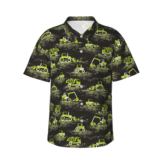 Fotbe Light Green Excavator Camisa Hawaiana para Hombre Unisex – Camisa Casual de Verano con Botones de Manga Corta de Algodón y Lino,Small