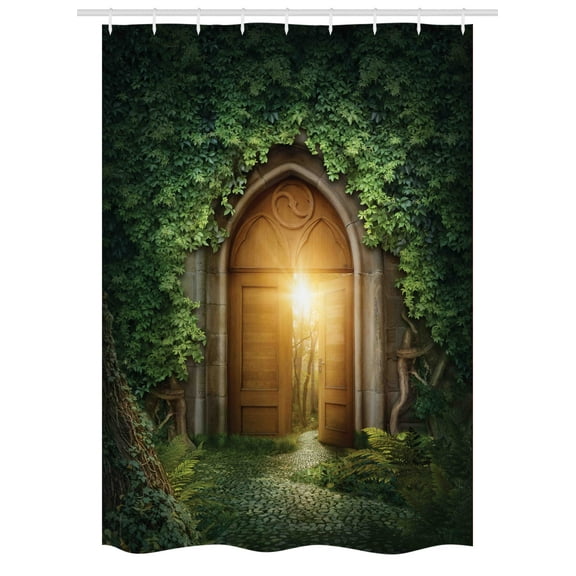 Fantasy Stall Shower Curtain, Sunbeams Through the Mysterious Half Opened Wooden Entrance With Greenery, Fabric Bathroom Set with Hooks, 54W X 78L Inches, Green and Brown, by Ambesonne