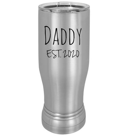 

Daddy Est. 2020 Established 20 oz Silver Stainless Steel Double-Walled Insulated Pilsner Beer Coffee Mug with Clear Lid