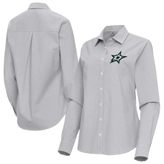 Women's Antigua Gray Dallas Stars Porter Woven Tri-Blend Long Sleeve Button-Up Shirt
