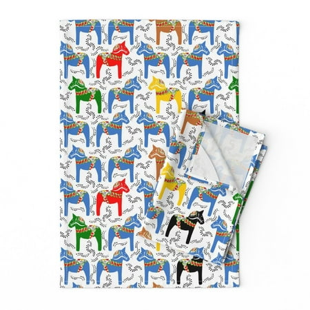 

Printed Tea Towel Linen Cotton Canvas - Dala Horses Multicolor Horse Pony Equestrian Swedish Folk Colorful Scandinavian Ponies Festive Party Print Decorative Kitchen Towel by Spoonflower