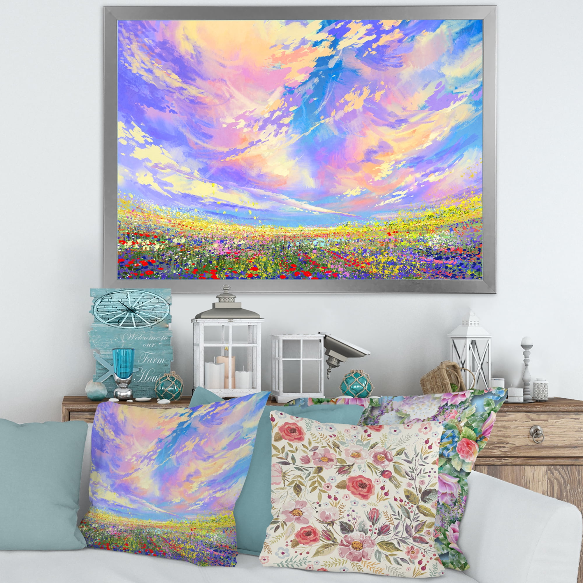 Designart 'Gorgeous Clouds Over Colorful Flowers In Field' Traditional Framed Art Print