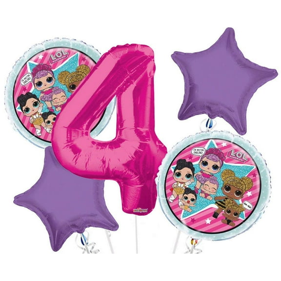LOL Round Balloon Bouquet 5 pc, 4th Birthday, Hot Pink Number 4 Jumbo Balloon