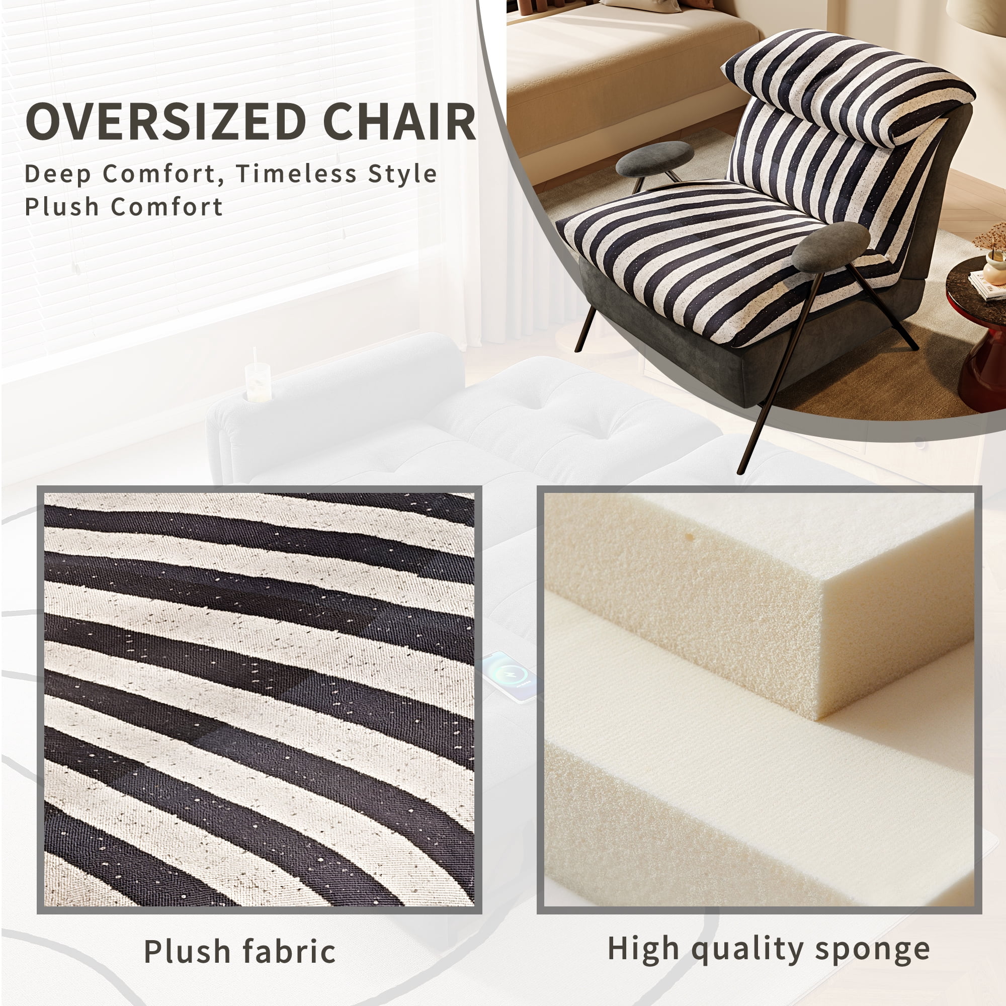 Howcool Modern Upholstered Accent Chair,Armchair with Wide Cushioned Seat,Ergonomic Lounge Chair with Solid Wood Frame for Living Room,Bedroom,Grey striped