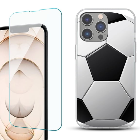 Slim-Fit Gel TPU Phone Case for iPhone 14 Pro, with Tempered Glass Screen Protector, by OneToughShield ® - Soccer