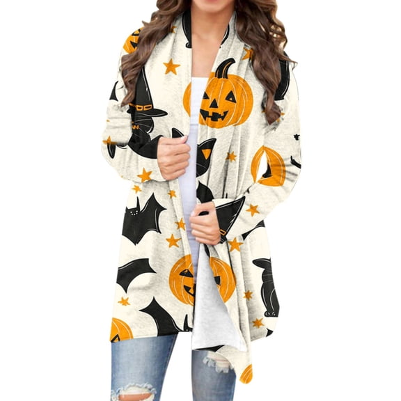 Vynhevius Women's Cardigans Halloween Printed Open Front Long Sleeve Casual Lightweight Outerwear