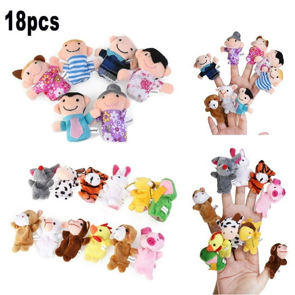 18pcs Educational Toys Finger Puppets Story Time Finger Puppets 12 Animals & 6 People Family Members Play House Accessories