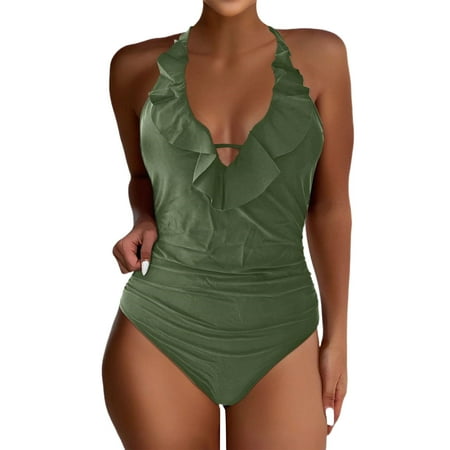 Biziza Backless One Piece Swimsuit for Women Trendy with Built in Bra Green Padded Basic Tummy Control Swimsuits 2025 V Neck Spandex Solid Color Bathing Suits