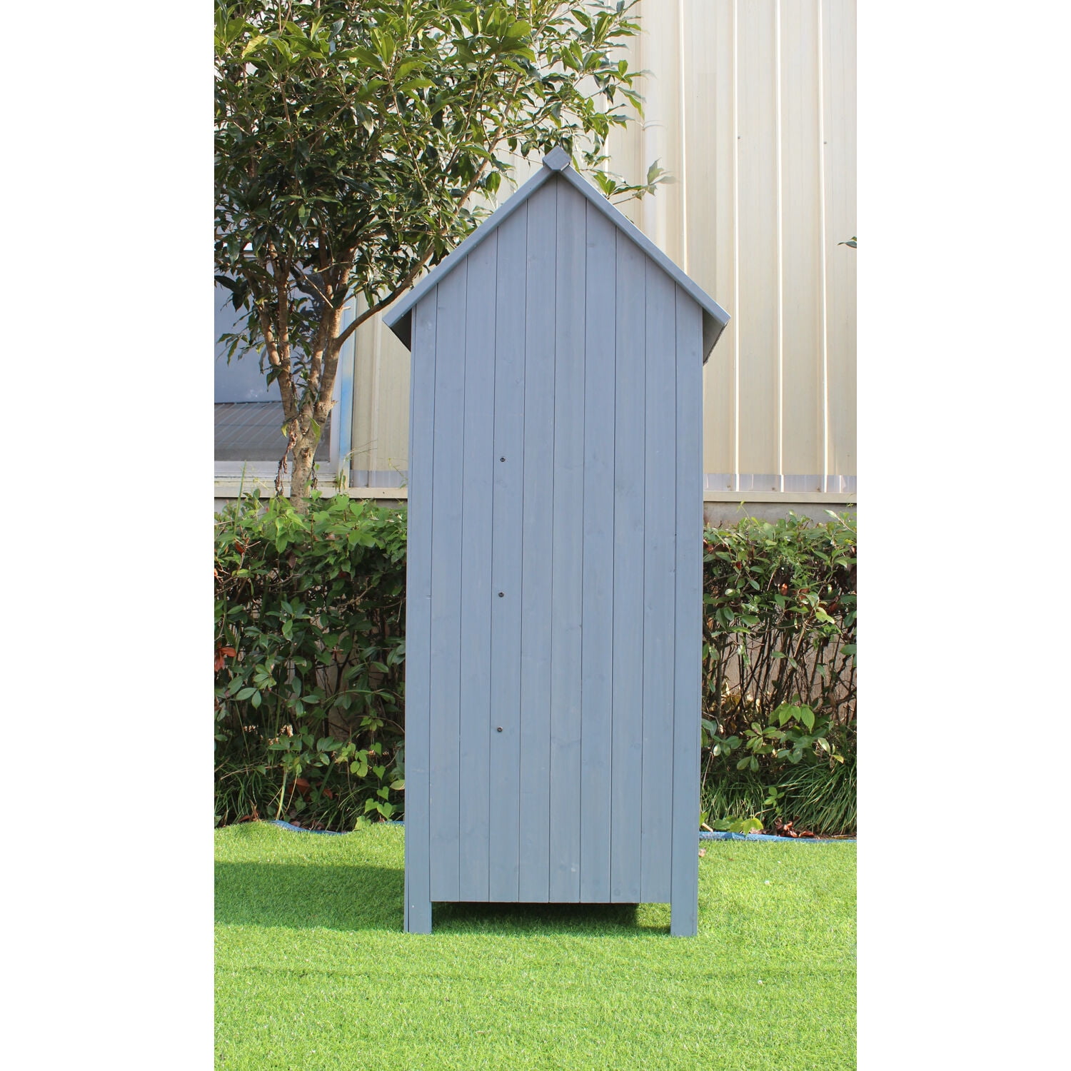 Hanover Outdoor Vertical Wooden Storage Shed for Tools, Equipment, Garden Supplies, with Shelf and Locking Latch, 8.7 cu. ft. Capacity - HANWS0102-GRY