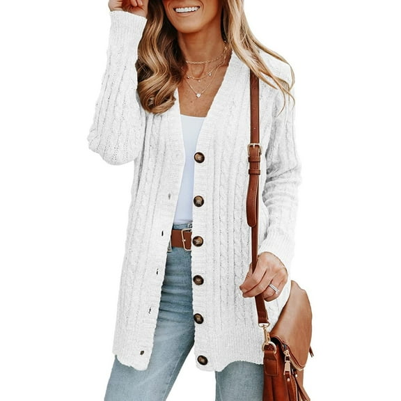 Mode24 Cardigan Sweaters for Women Button Down Long Sleeve Cardigan Sweaters Open Front Cable Knit Sweater Coat Comfy Soft Outwear Fashion Loose Cover Ups White M
