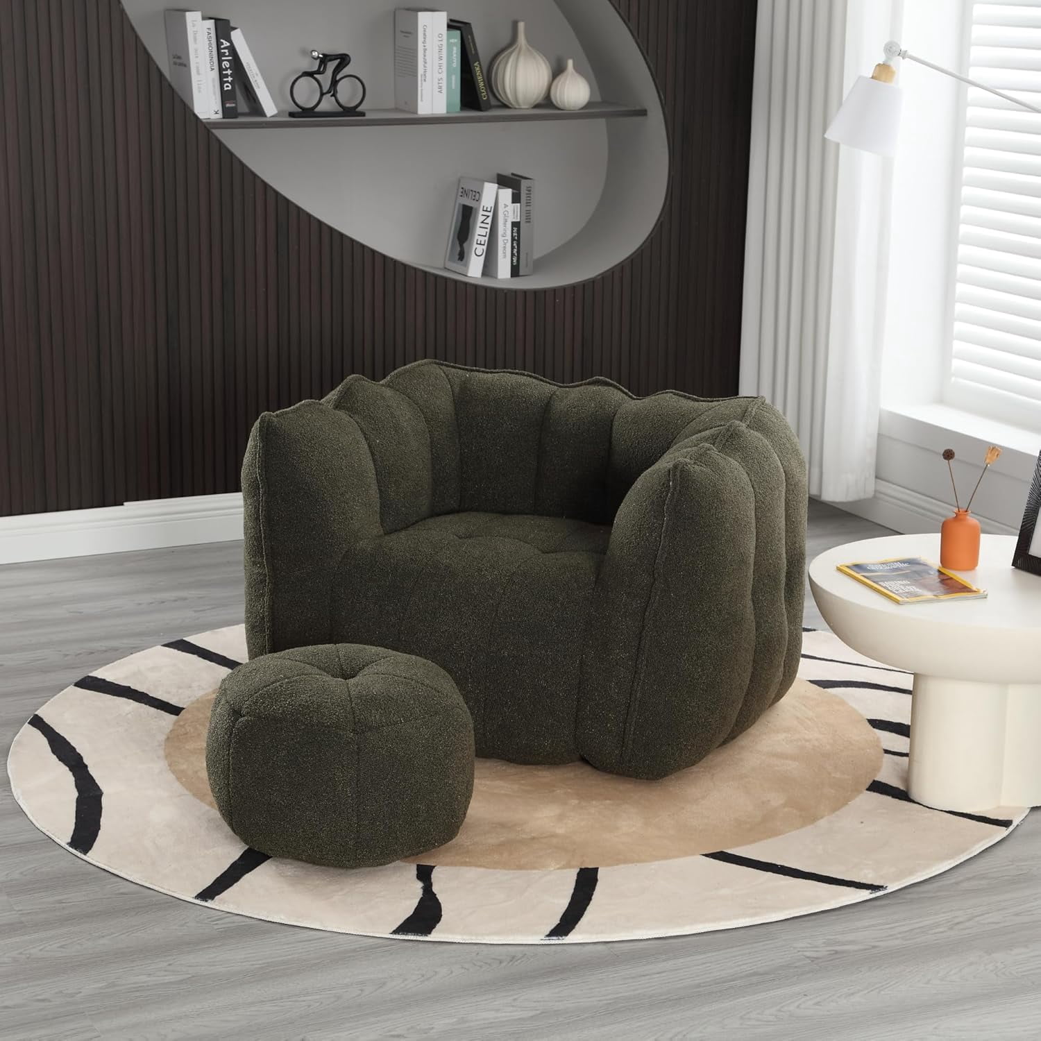 Tabaray Bean Bag Chairs with Ottoman, Bean Bag Couch for Adults, Bean Bag Sofa w High Resilient Foam, Modern Lazy Sofa Chair with Armrest for Living Room, Bedroom, Gaming Room, Apartment Olive Green
