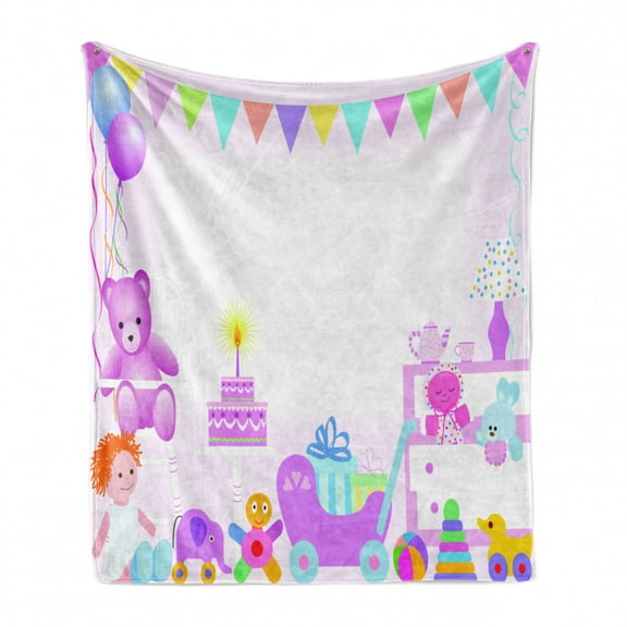 Birthday Soft Flannel Fleece Throw Blanket, Baby Girls Birthday Celebration Party with Flags and Bears Toys Print, Cozy Plush for Indoor and Outdoor Use, 50" x 70", Pale Pink, by Ambesonne