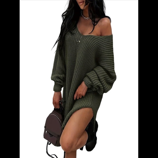 Suéteres para Mujer, Punto , Cuello en V, Color Liso, Larga, Informales, Holgados, Suaves, Tipo Jersey. Verde S