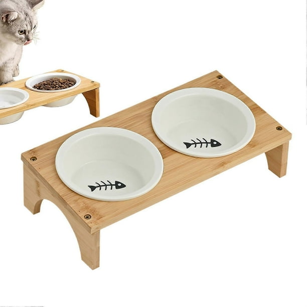 Elevated Pet Bowl Slanted Design Ceramic Drinking Dish With Wooden Stand, NonSlip WhiskerFriendly for Puppies and Cats of All Sizes