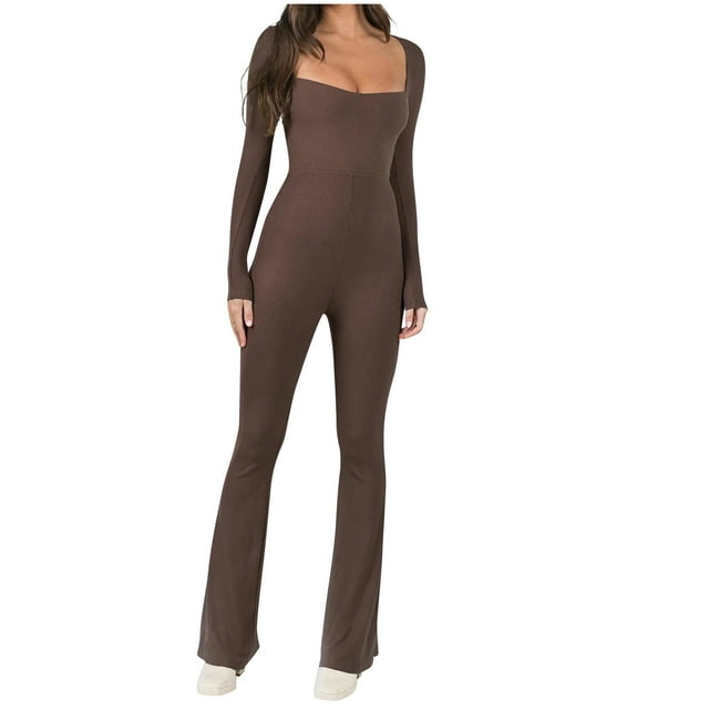Combinaisons Aguichant Extensibles à Manches Longues à Encolure Carrée pour Femmes, Tenues Unies, Tenues de Boîte de Nuit, Barboteuses, Combinaisons, Pantalons Évasés Évasés