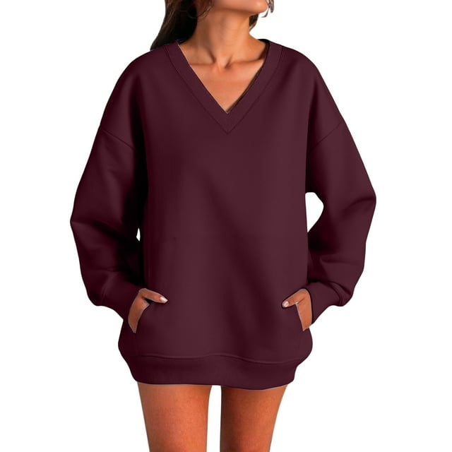 Women's Autumn Fashion Plus Loose V Neck Sweatshirt With Side Pockets