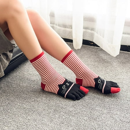 

4 pairs * Winter Women Girls Cat Print Multicolor Bar Toe Socks Five Finger Sock Cotton hanes socks for men 9-12