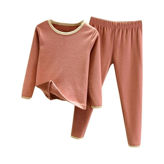 Lovskoo 1.5-10Y Toddler Baby Kids Boys Girls Winter Pajamas Solid Color Long Sleeved Thickening Home Wear Clothes Suit Loungewear Set Watermelon Red