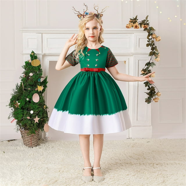 HAWEE Robe Longue de Princesse pour Fête de Noël pour Filles, Mignonne, Dessin Animé, Père Noël, Flocon de Neige, Robes