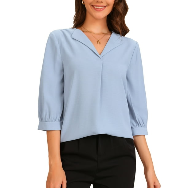Blusa relajada INSPIRE CHIC con cuello para mujer, de manga 3/4, escote en V, blusas casuales, talla XS, color gris azul