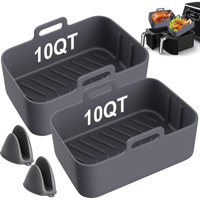 10QT Air Fryer Silicone Liners, 2Pcs Reusable Airfryer Pot, AirFryer Basket for Dual DZ401 DZ550 with Mitts Basket Accessories, Air Fryer Accessories, Grey