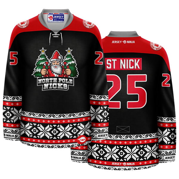 Christmas North Pole Nicks Black Holiday Hockey Jersey (Adult