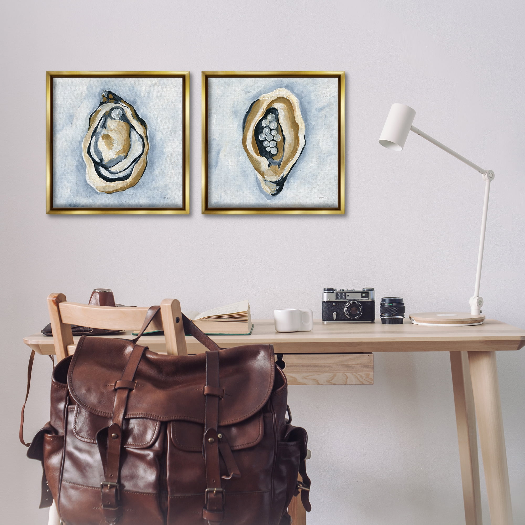 Stupell Industries Oyster with Pearls Nautical & Beach Painting Gold Floater Framed Canvas Art Print Wall Art, 18 x 18, Set of 2
