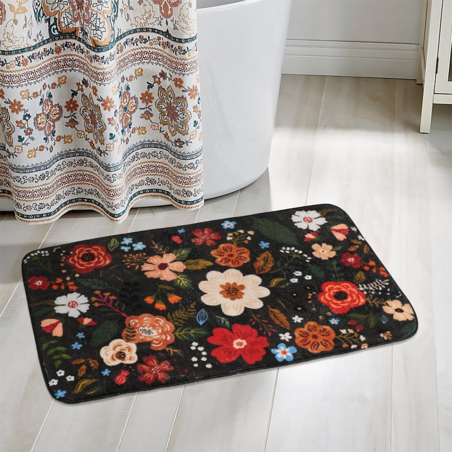 Black Flower Bathroom Rugs Non-Slip, Cute Floral Bath Mat for Bathroom Floor Decor, Soft Fluffy Washable Shower Rug for Bathtub Kitchen Sink