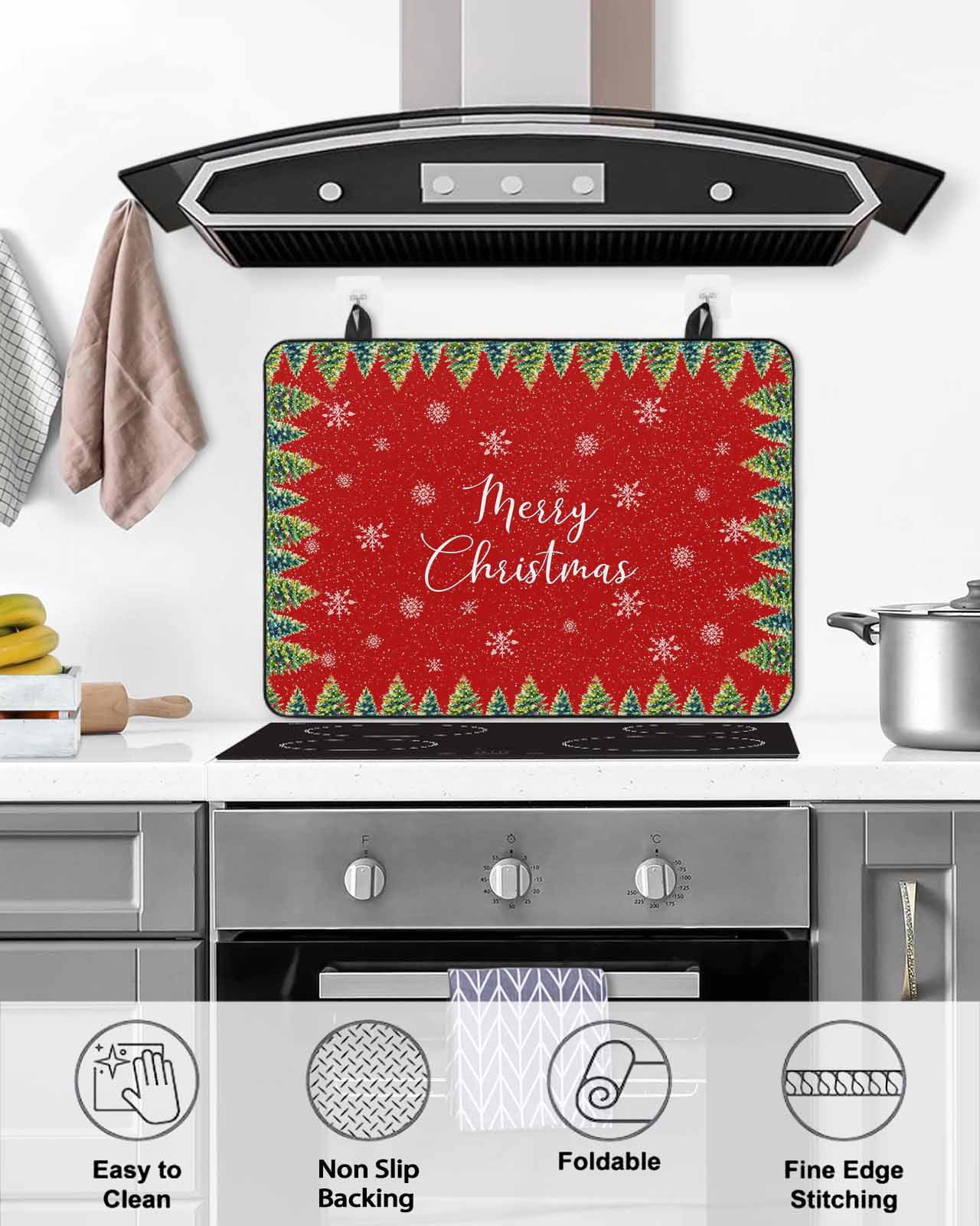 Large Induction Cooktop Protector Mat Red Christmas Stove Top Covers for Electric Stove, Xmas Tree Snowflake Farmhouse Winter Decorative Stove Burner Cover Mats, Glass Top Stove Cover
