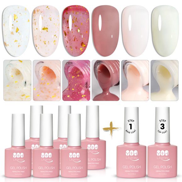 YTD Likomey Esmalte Semipermanente de Uñas en Gel UV LED Kit, 6 Colore Translúcido Hoja de Oro Blanco Lechoso Rosa Claro Esmaltes de Gel con Base y Top Coat Set,8 Pcs 7.5ml